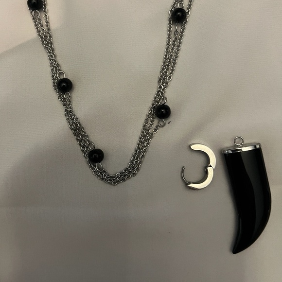 NWOT - Black Tusk Earrings & Stainless Steel Silver Necklace with Huggie & Tusk - Picture 6 of 12